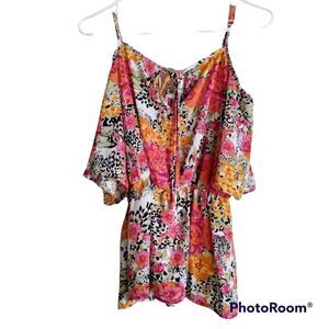 𝅺guess women's multicolor flower printcold shoulder blouse size S